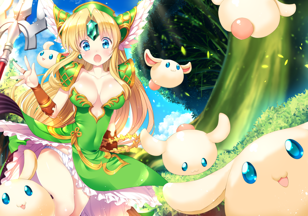 :3 armlet armor blonde_hair blue_eyes blush breasts cleavage commentary_request day dress earrings gem green_dress hair_between_eyes helmet jewelry long_hair looking_at_viewer medium_breasts open_mouth outdoors panties pantyshot polearm poring rabite_(seiken_densetsu) riesz seiken_densetsu seiken_densetsu_3 shoulder_armor spear tamiya_akito tree underwear weapon white_panties winged_helmet