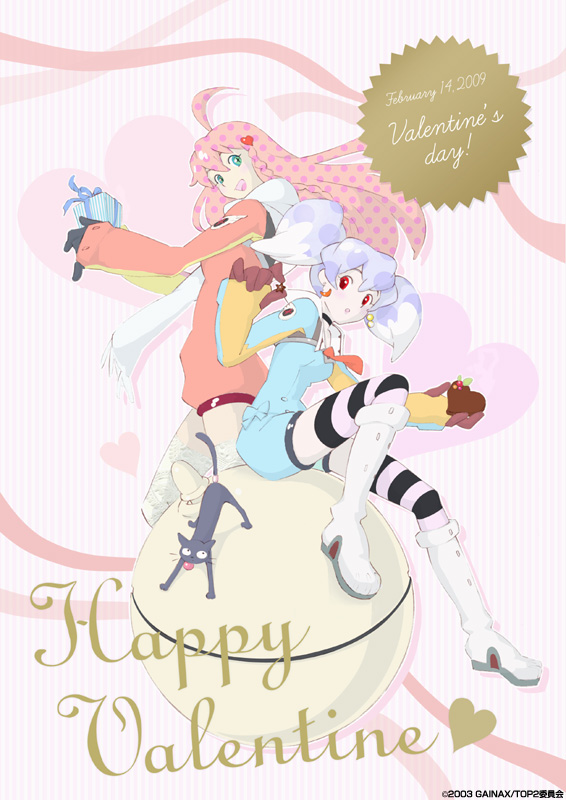 00s blue_eyes boots chiko gainaxtop nono_(top_wo_nerae_2!) pink_hair purple_hair red_eyes striped_clothes striped_legwear striped_thighhighs thighhighs top_wo_nerae!_(series) top_wo_nerae_2! tycho_science