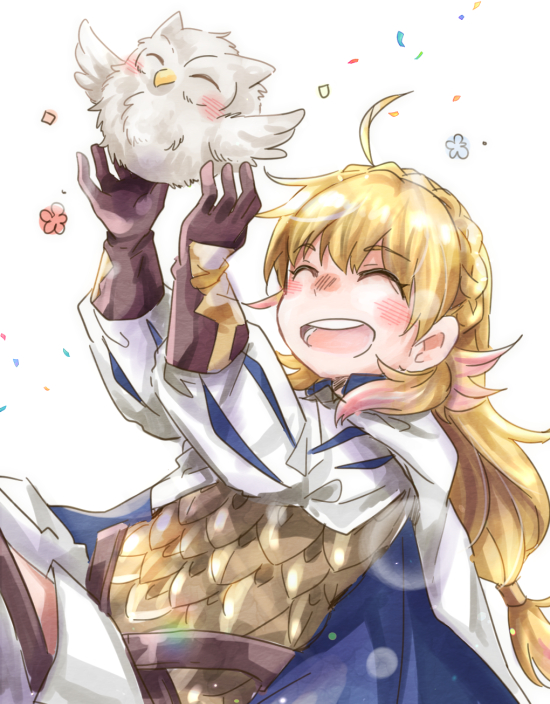 2girls armor bird blonde_hair braid crown_braid feather_trim feh_(fire_emblem_heroes) fire_emblem fire_emblem_heroes gradient_hair hangdok long_hair multicolored_hair multiple_girls nintendo open_mouth owl pink_hair scale_armor sharena_(fire_emblem) smile