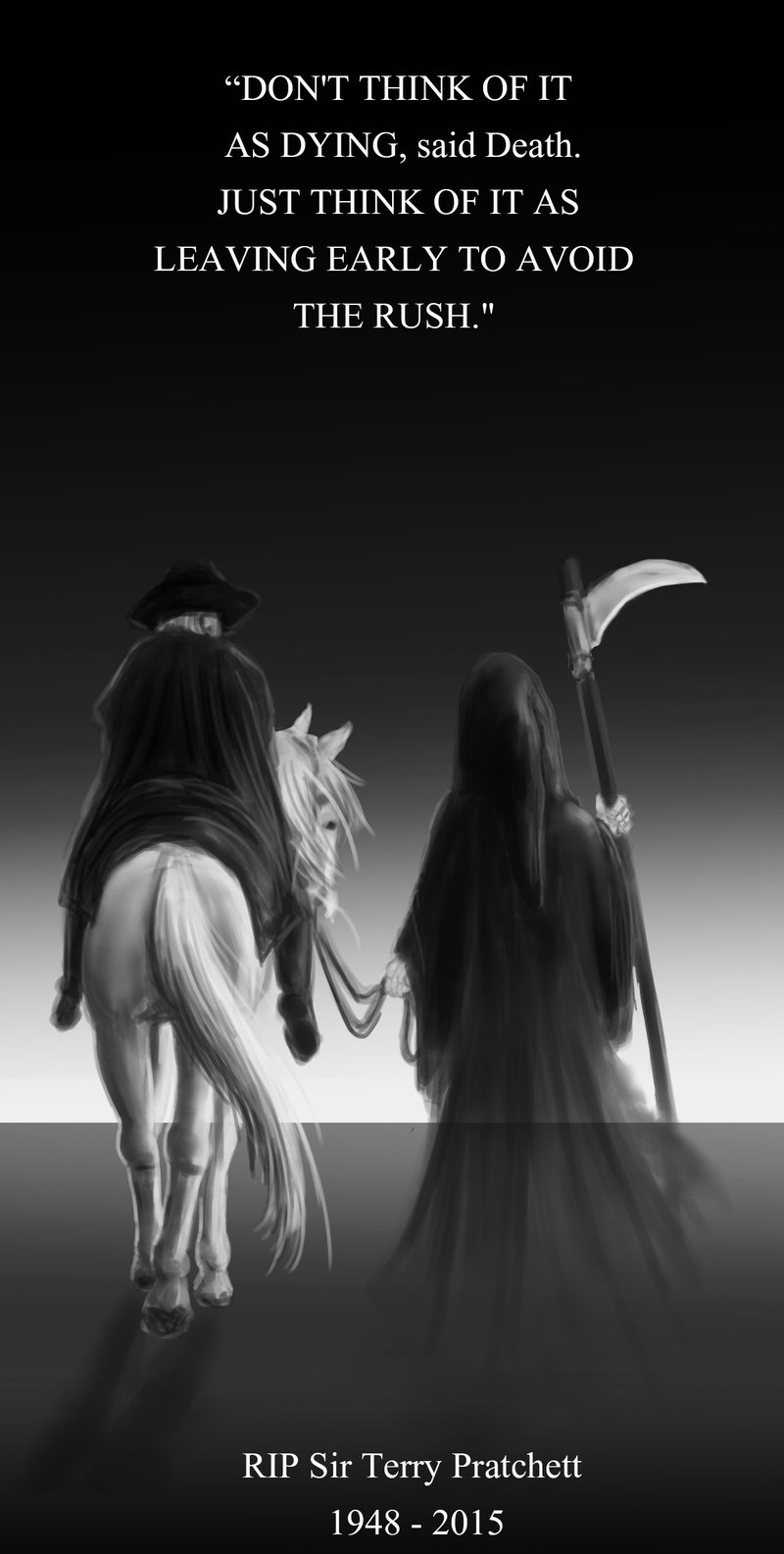 2boys animal commentary death_(discworld) death_(entity) discworld greyscale grim_reaper hat highres hood horse horse_tail horseback_riding monochrome multiple_boys phantagrafie rest_in_peace_(phrase) riding scythe tail terry_pratchett weapon