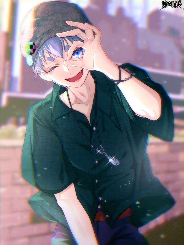 1boy blue_pants blurry blurry_background copyright_name dairoku_ryouhei fang green_shirt grey_headwear hat_ornament jewelry male_focus morino_bambi necklace one_eye_closed outdoors pants purple_eyes purple_hair shirt skullcap upper_body