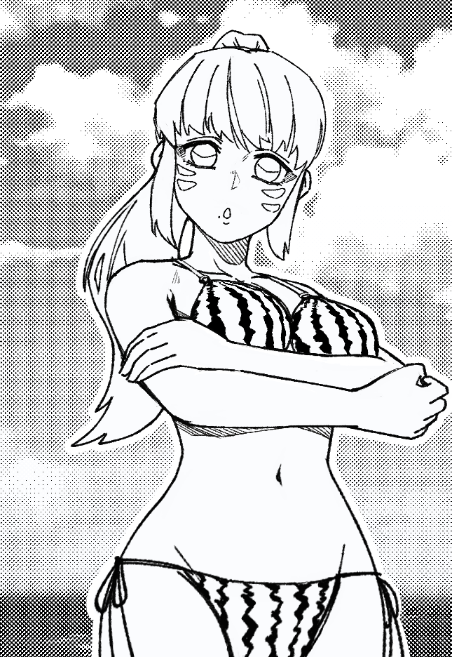 beach bikini facial_mark food_print kunimitsu_ii monochrome mori_no_yousei namco ponytail_hair swimsuit tekken tekken_7 watermelon_print
