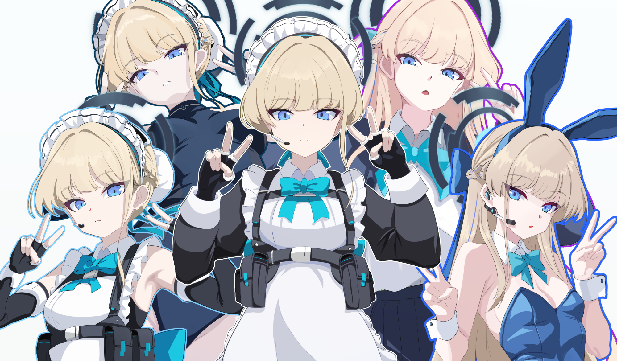 1girl ammunition_pouch animal_ears apron armpits bare_shoulders black_gloves blonde_hair blue_archive blue_eyes cardigan collared_shirt dress elbow_gloves fake_animal_ears fingerless_gloves frilled_dress frills gloves hair_bun halo highres leotard long_hair looking_at_viewer maid maid_apron maid_headdress multiple_views nobunaga1207 one-piece_swimsuit open_mouth playboy_bunny pouch shirt short_hair swimsuit teeth toki_(abi-eshuh)_(blue_archive) toki_(blue_archive) toki_(bunny)_(blue_archive) toki_(school_uniform)_(blue_archive) v very_long_hair white_shirt
