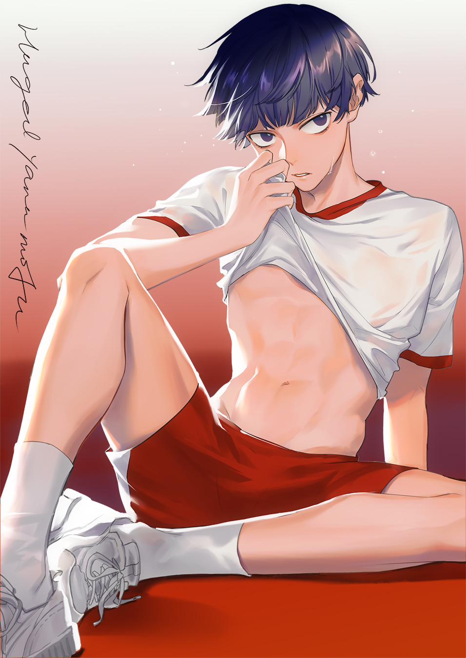 1boy abs black_eyes black_hair blunt_bangs character_name clothes_lift english_text gradient_background gym_uniform highres kageyama_shigeo knee_up looking_at_viewer male_focus mob_psycho_100 navel parted_lips red_shorts ru_(famia) shirt shirt_lift shoes short_hair short_sleeves shorts sitting sneakers socks solo stomach toned toned_male white_shirt white_socks