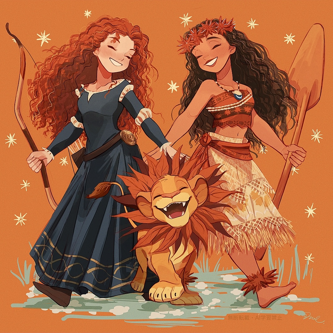 1boy 2girls brave_(pixar) brown_eyes brown_hair company_connection dark-skinned_female dark_skin disney dress flower holding jewelry lion lion_boy long_hair melchencanto merida_(brave) moana_(movie) moana_waialiki multiple_girls orange_hair pixar shirt simba skirt smile white_shirt