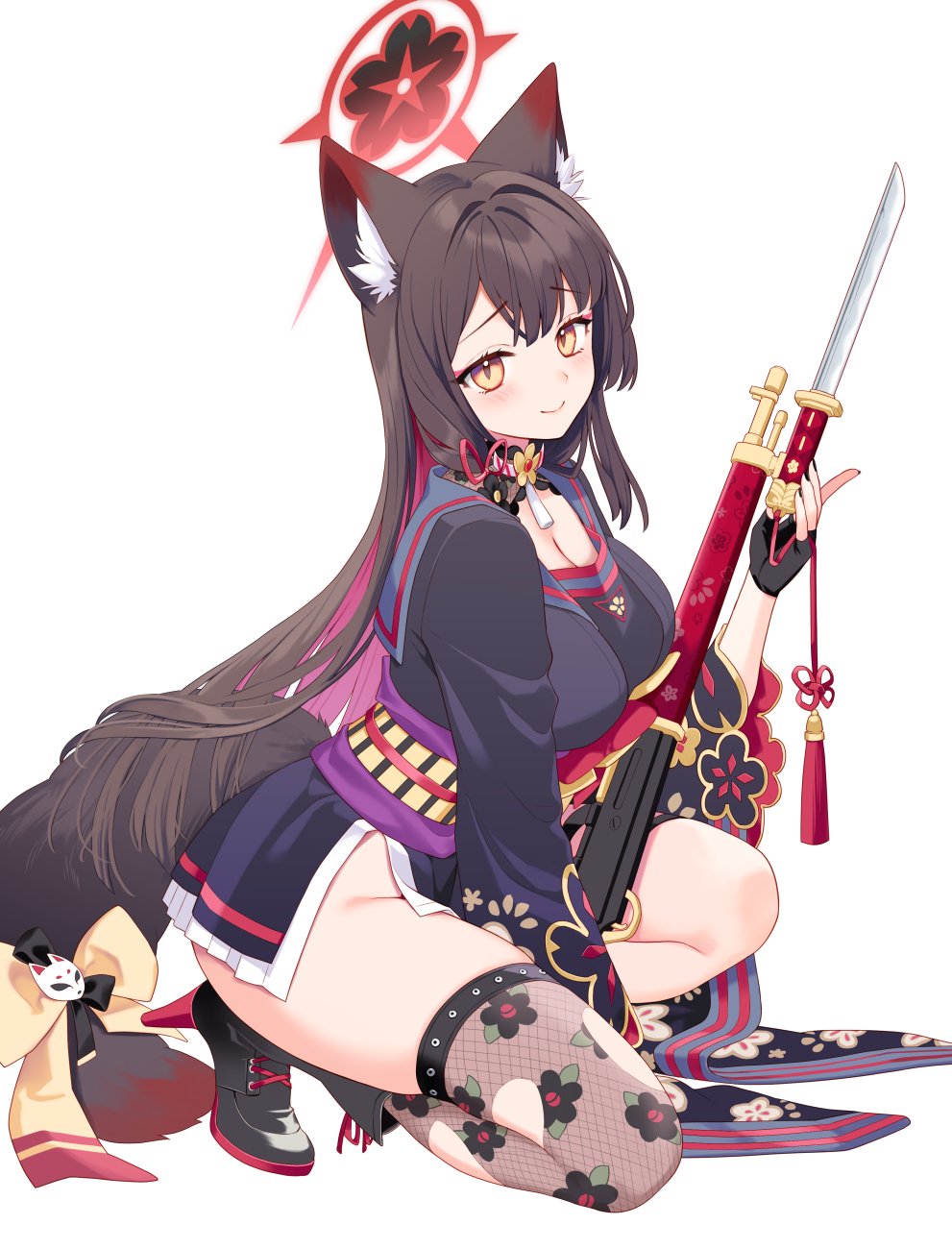 1girl animal_ear_fluff animal_ears arisaka black_footwear black_hair black_kimono black_sailor_collar blue_archive bolt_action fox_ears fox_girl fox_tail gun hair_between_eyes halo high_heels highres holding holding_gun holding_weapon ichinomiya_(blantte) japanese_clothes kimono makeup multicolored_sash no_panties ribbon rifle sailor_collar single_thighhigh smile tail tail_ornament tail_ribbon thighhighs torn_clothes torn_thighhighs wakamo_(blue_archive) weapon yellow_eyes
