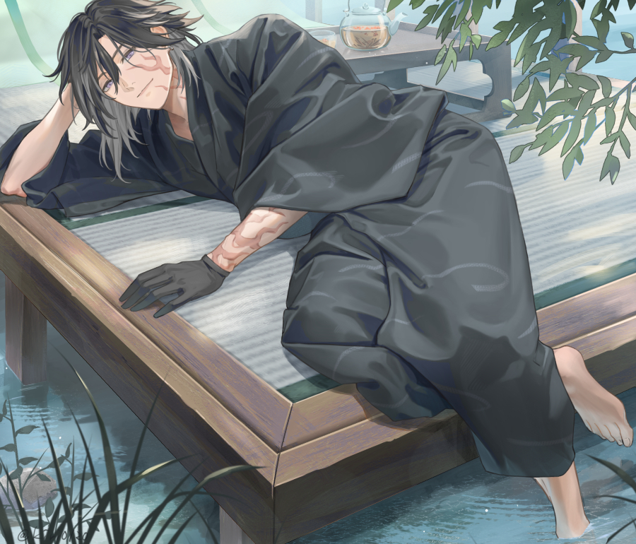 1boy barefoot black_gloves black_hair burn_scar commentary_request cup facial_scar gloves gradient_hair grass grey_hair hair_between_eyes japanese_clothes jikkyuu_mitsutada looking_at_viewer lying male_focus medium_hair mint_(kiri0120) multicolored_hair on_side partially_submerged ripples scar scar_on_arm scar_on_cheek scar_on_face scar_on_neck smile solo tatami teacup teapot touken_ranbu tree water