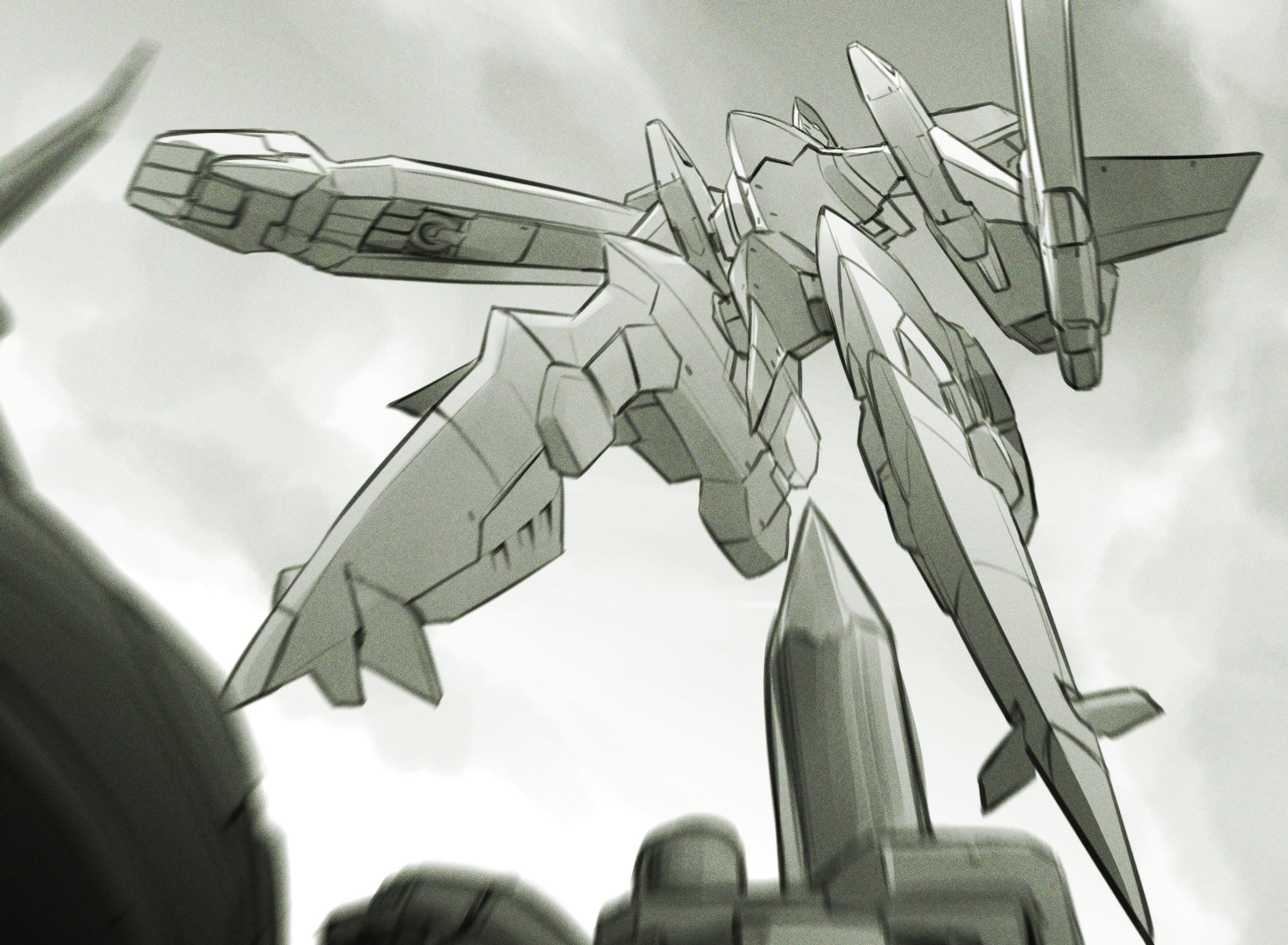 alteisen battle dcam-004_lion flying from_below greyscale highres kato_takuji mecha mecha_focus monochrome motion_blur no_humans pile_bunker robot super_robot_wars super_robot_wars_original_generation