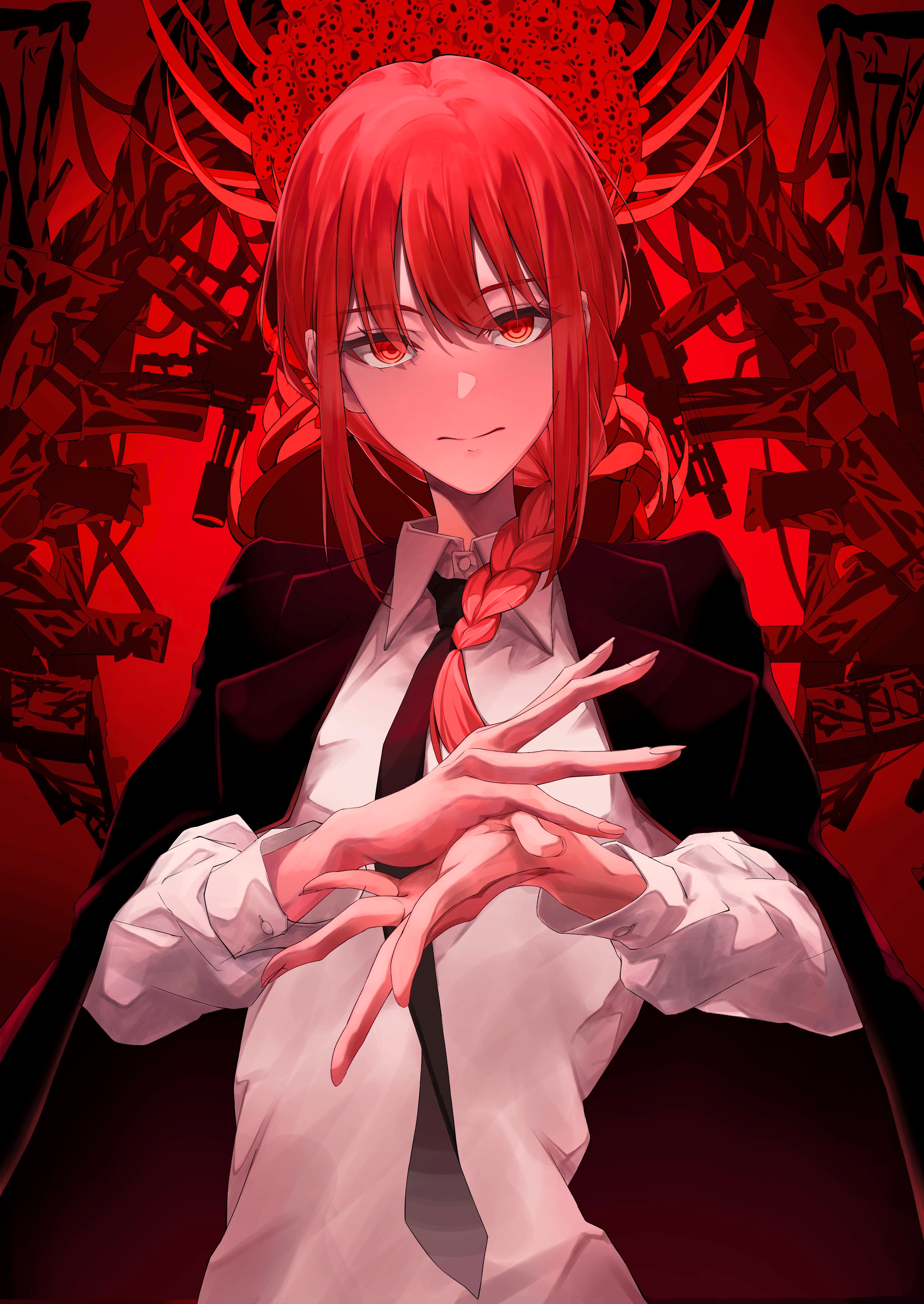 1girl absurdres acf_creator black_necktie braid braided_ponytail business_suit chainsaw_man collared_shirt commentary formal_clothes gun gun_devil_(chainsaw_man) highres long_hair makima_(chainsaw_man) necktie red_hair red_theme ringed_eyes shirt sidelocks suit weapon white_shirt