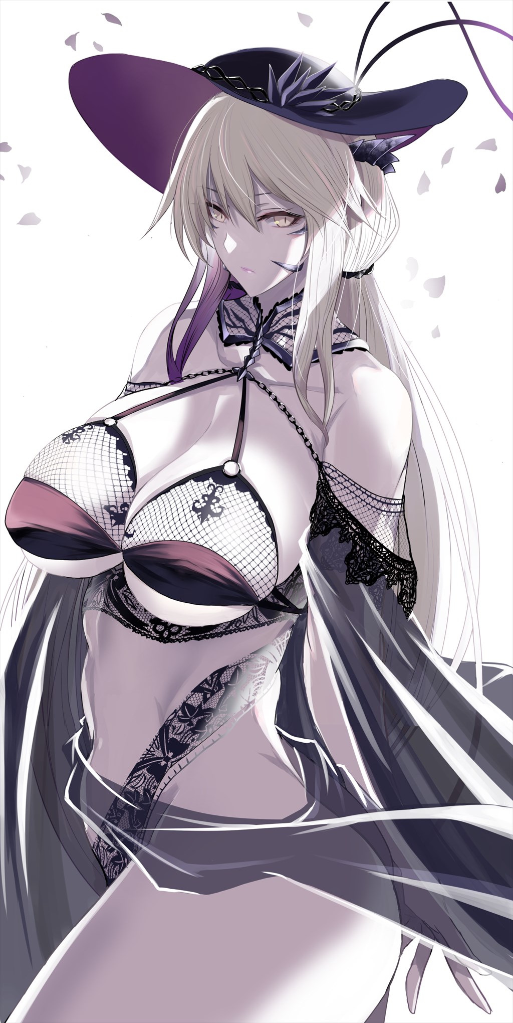1girl artoria_pendragon_(fate) artoria_pendragon_(lancer_alter)_(fate) bare_shoulders bikini black_bikini black_hat breasts chain cleavage collarbone fate/grand_order fate_(series) fishnets hair_between_eyes hat highres horns kawabata_yoshihiro large_breasts long_hair looking_at_viewer pale_skin sarong sash sidelocks slit_pupils solo sun_hat swimsuit variant_set yellow_eyes