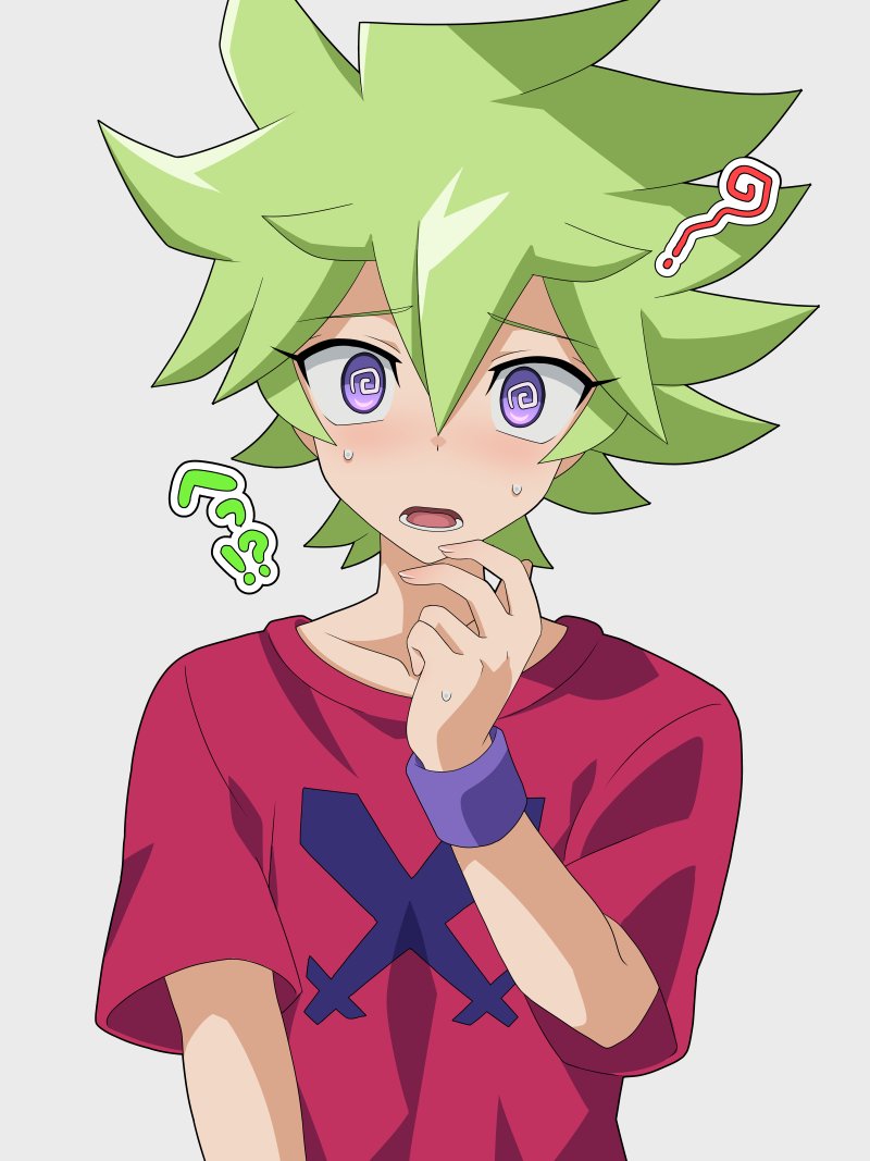 1boy @_@ green_hair grey_background kirishima_roa kura_(xxcracy) male_focus medium_hair print_shirt red_shirt shirt short_sleeves simple_background solo spiked_hair sword_print upper_body yu-gi-oh! yu-gi-oh!_sevens