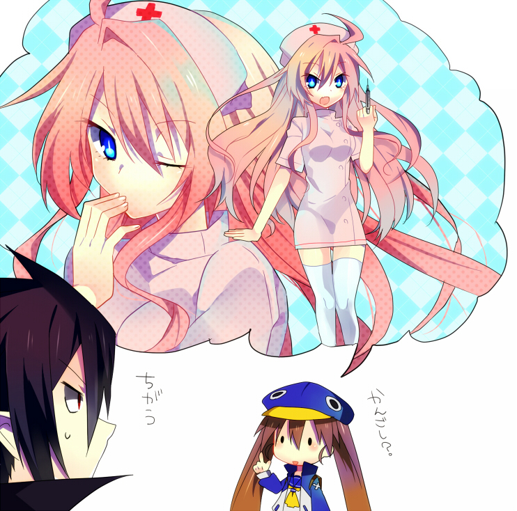 1boy 2girls ahoge artina_(disgaea) black_hair blue_eyes blue_hat brown_hair disgaea hair_between_eyes hat high_collar kazamatsuri_fuuka lololotton long_hair makai_senki_disgaea_4 multiple_girls nurse one_eye_closed pink_hair thighhighs translation_request twintails valvatorez_(disgaea) very_long_hair vulcanus_(disgaea_4) wavy_hair white_background white_thighhighs wink