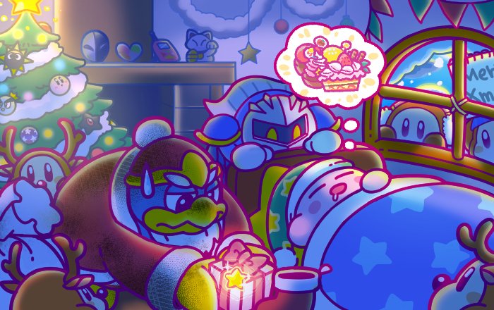2boys animal_costume armor beanie blanket blush_stickers cake cameo cellphone chimney christmas christmas_ornaments christmas_tree commentary_request dark_nebula dirty drooling earmuffs fake_antlers fake_beard fake_facial_hair fake_nose food gift gordo hat king_dedede kirby kirby_(series) maneki-neko mario_(series) meta_knight multiple_boys nightcap nightmare_(kirby) nightmare_orb nintendo notepad official_art phanto phone prince_fluff reindeer_costume sack santa_costume sleeping soot star_(symbol) star_print super_mario_bros._2 sweatdrop tinsel waddle_dee