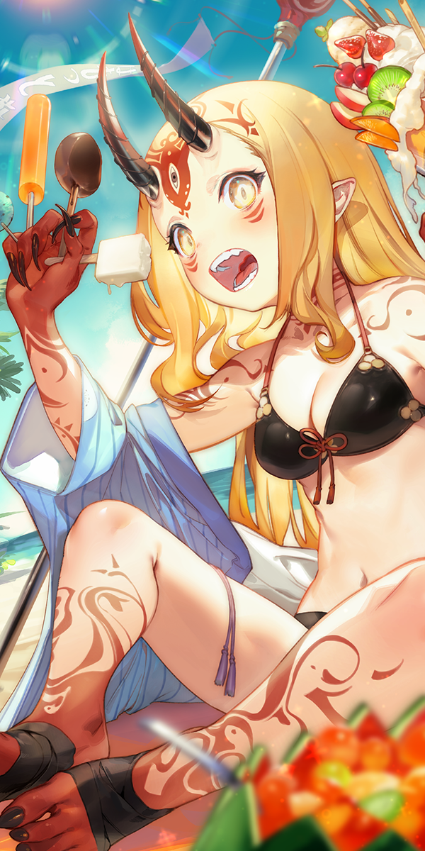 1girl apple apple_slice banner beach bikini black_bikini black_nails blonde_hair blurry blush breasts cherry cleavage depth_of_field facial_mark fate/grand_order fate_(series) female_focus fingernails food front-tie_bikini_top front-tie_top fruit fudgesicle highres horns ibaraki_douji_(fate) ibaraki_douji_(fate/grand_order) ibaraki_douji_(swimsuit_lancer)_(fate) ibaraki_douji_(swimsuit_lancer)_(first_ascension)_(fate) ice_cream kiwi_(fruit) kiwi_slice kodama_(wa-ka-me) long_fingernails long_hair looking_at_viewer nail_polish navel oni open_mouth outdoors pink_hair pocky pointy_ears popsicle sharp_fingernails sitting solo spread_legs strawberry sundae swimsuit tattoo teeth tongue watermelon yellow_eyes