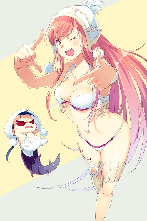 1boy 1girl bare_shoulders beanie bikini blue_hair blush breasts cleavage collarbone cu_chulainn_(fate) echo_(circa) fate/grand_order fate_(series) hat long_hair looking_at_viewer medb_(fate) medb_(swimsuit_saber)_(fate) medb_(swimsuit_saber)_(third_ascension)_(fate) medium_breasts mini_cu-chan_(fate) navel one_eye_closed open_mouth pink_hair red_eyes smile swimsuit tail thighs tiara white_bikini white_hat yellow_eyes