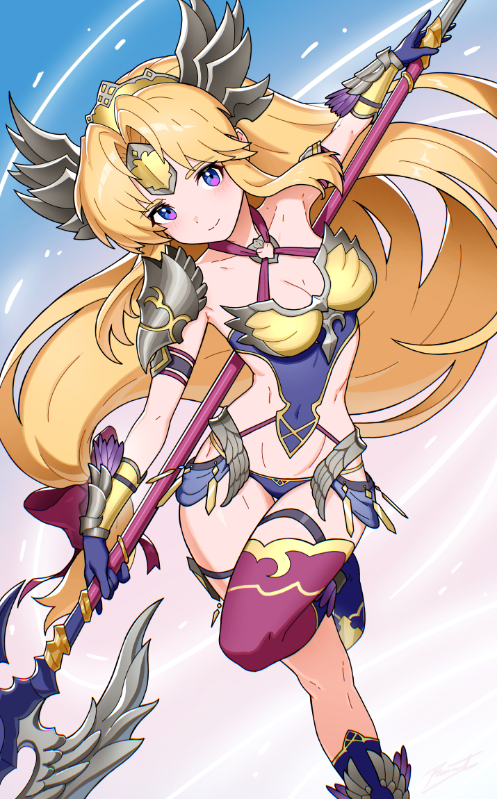1girl armor asymmetrical_clothes asymmetrical_legwear bikini_armor blonde_hair boots breasts brynhildr_(seiken_densetsu_3) cleavage closed_mouth covered_navel female_focus gloves hair_ornament holding holding_weapon long_hair looking_at_viewer official_alternate_costume pauldrons polearm purple_eyes revenantart riesz seiken_densetsu seiken_densetsu_3 shoulder_armor single_pauldron solo square_enix very_long_hair weapon