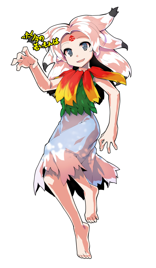 1girl alphes_(style) barefoot blue_dress commentary_request dairi dress facial_mark forehead_mark full_body green_shirt grey_eyes hand_up houjuu_chimi large_variant_set long_hair looking_at_viewer open_mouth parody shirt sleeveless sleeveless_shirt smile solo standing style_parody tachi-e touhou translation_request transparent_background variant_set white_hair
