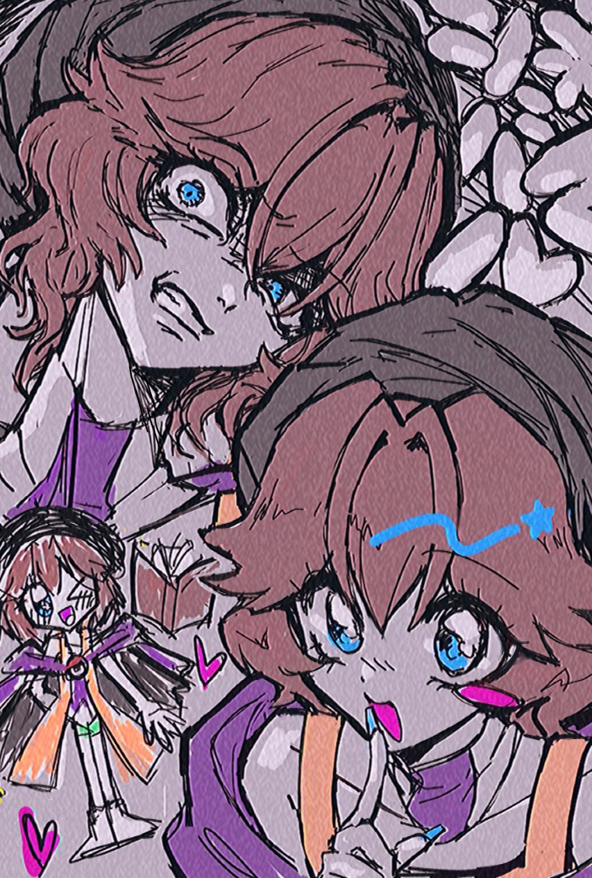 1other androgynous bare_shoulders black_turban blue_eyes blush_stickers brown_hair cape choker cine_hamal clenched_teeth collarbone crazy_eyes eyelashes film_grain finger_to_mouth hair_between_eyes hair_intakes heart hemo_(hemoroda) highres jacket kuzu_suzumi len&#039;en multiple_views open_clothes open_jacket open_mouth orange_jacket other_focus purple_scarf scarf short_hair single_blush_sticker smile teeth turban white_choker