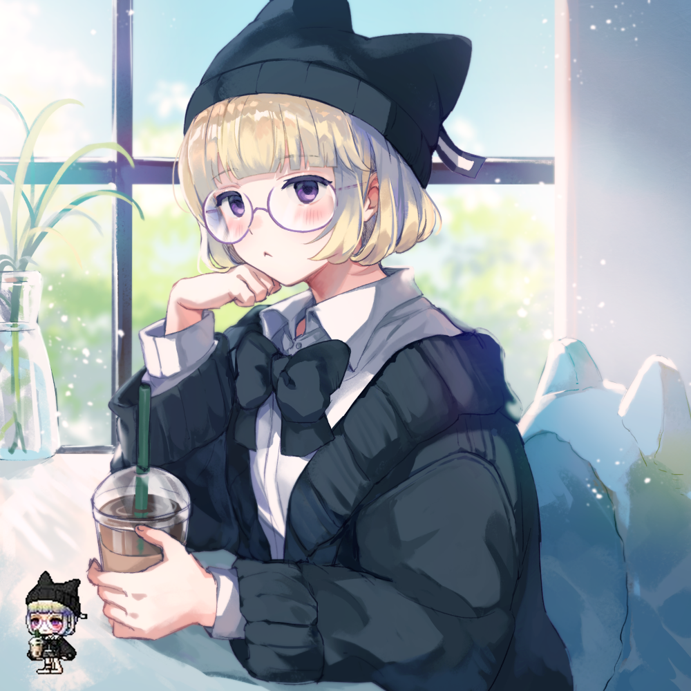 1girl :&lt; animal_ears animal_hat beanie black_bow black_hat black_jacket blush bow brown_hair character_request chibi closed_mouth collared_shirt cup disposable_cup dress_shirt drinking_straw fake_animal_ears glasses hat holding holding_cup jacket leafwow long_sleeves maplestory open_clothes open_jacket puffy_long_sleeves puffy_sleeves purple-tinted_eyewear purple_eyes reference_inset semi-rimless_eyewear shirt tinted_eyewear under-rim_eyewear white_shirt window