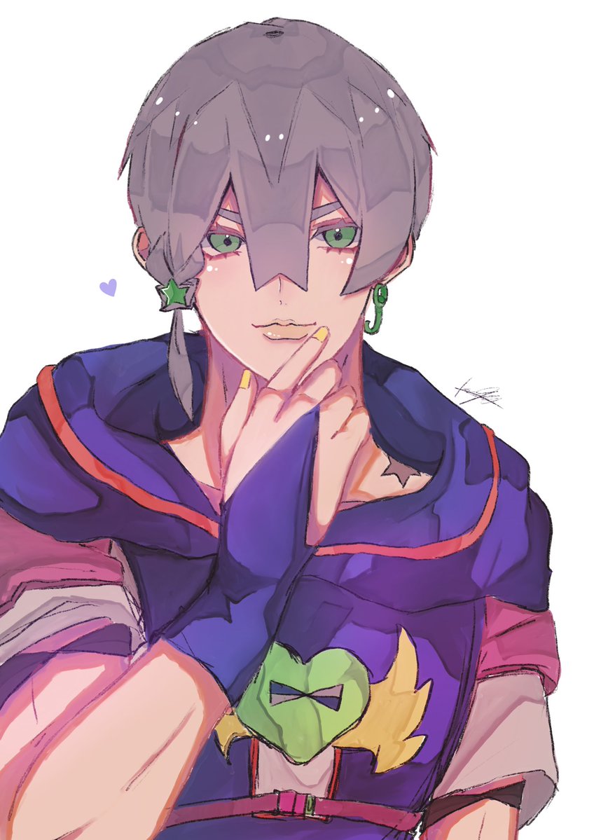 1boy belt birthmark blue_bridal_gauntlets blue_hoodie braid earrings green_eyes grey_hair grey_sleeves hair_between_eyes hair_ornament heart_ornament hood hoodie jewelry jodio_joestar joestar_birthmark jojo_no_kimyou_na_bouken long_bangs looking_at_viewer male_focus pink_belt pink_sleeves r_rist short_sleeves side_braid single_braid single_earring solo star_(symbol) star_hair_ornament the_jojolands upper_body white_background