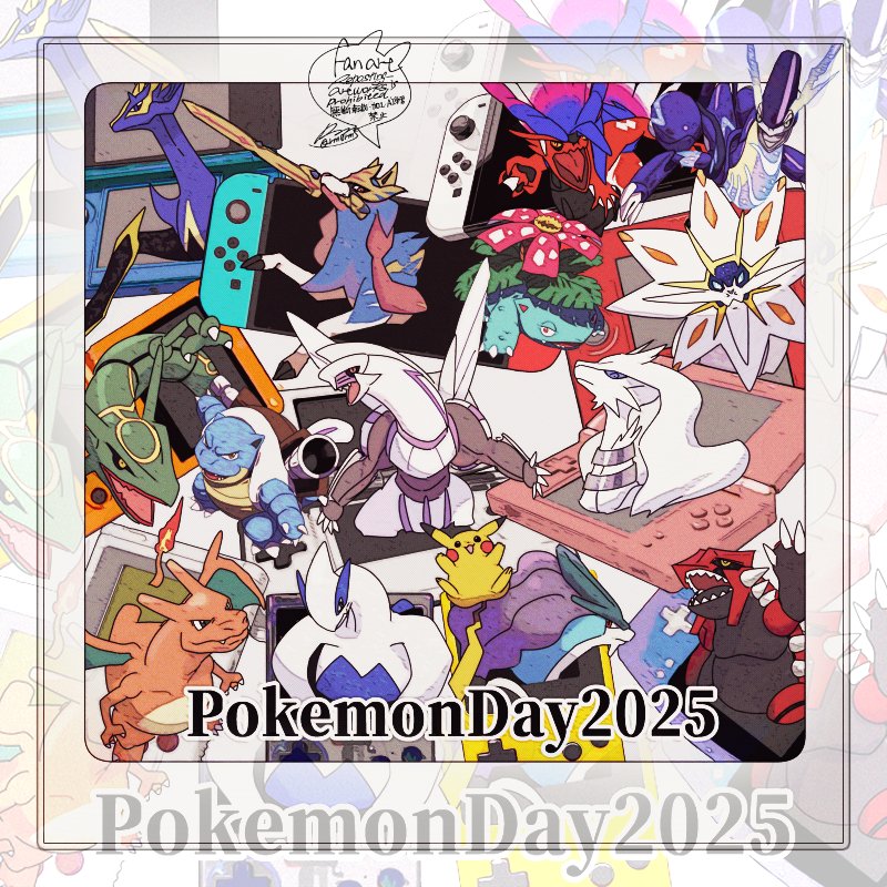 :d black_eyes black_sclera blastoise charizard claws colored_sclera commentary_request fangs fangs_out fire flame-tipped_tail game_boy game_boy_advance game_boy_color gen_1_pokemon gen_2_pokemon gen_3_pokemon gen_4_pokemon gen_5_pokemon gen_6_pokemon gen_7_pokemon gen_8_pokemon groudon handheld_game_console koraidon legendary_pokemon lugia miraidon nintendo nintendo_3ds nintendo_ds nintendo_switch no_humans open_mouth palkia pikachu pokemon pokemon_(creature) pokemon_day pokemon_focus rayquaza reshiram sagemaru-br signature smile solgaleo suicune tail venusaur xerneas yellow_eyes zacian