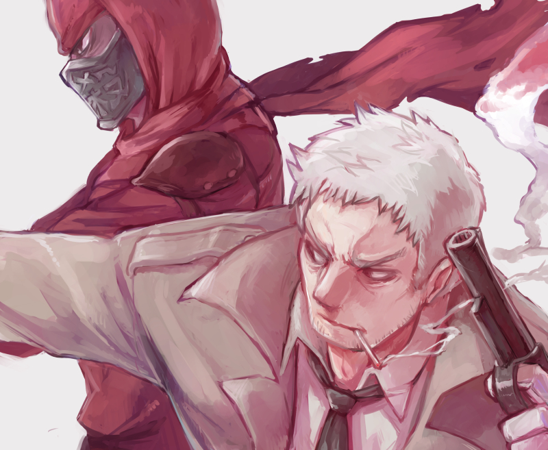 2boys black_necktie cigarette coat fujikido_kenji grey_coat gun handgun holding holding_gun holding_weapon mask mouth_hold mouth_mask multiple_boys necktie ninja ninja_mask ninja_slayer polyacryla red_scarf scarf shirt short_hair smoke smoking takagi_gando takagi_gundo weapon white_shirt