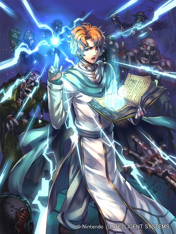 1boy artur_(fire_emblem) book company_name fire_emblem fire_emblem:_the_sacred_stones fire_emblem_cipher holding holding_book holding_weapon kinoshita_kotetsu light light_rays magic nintendo official_art weapon zombie