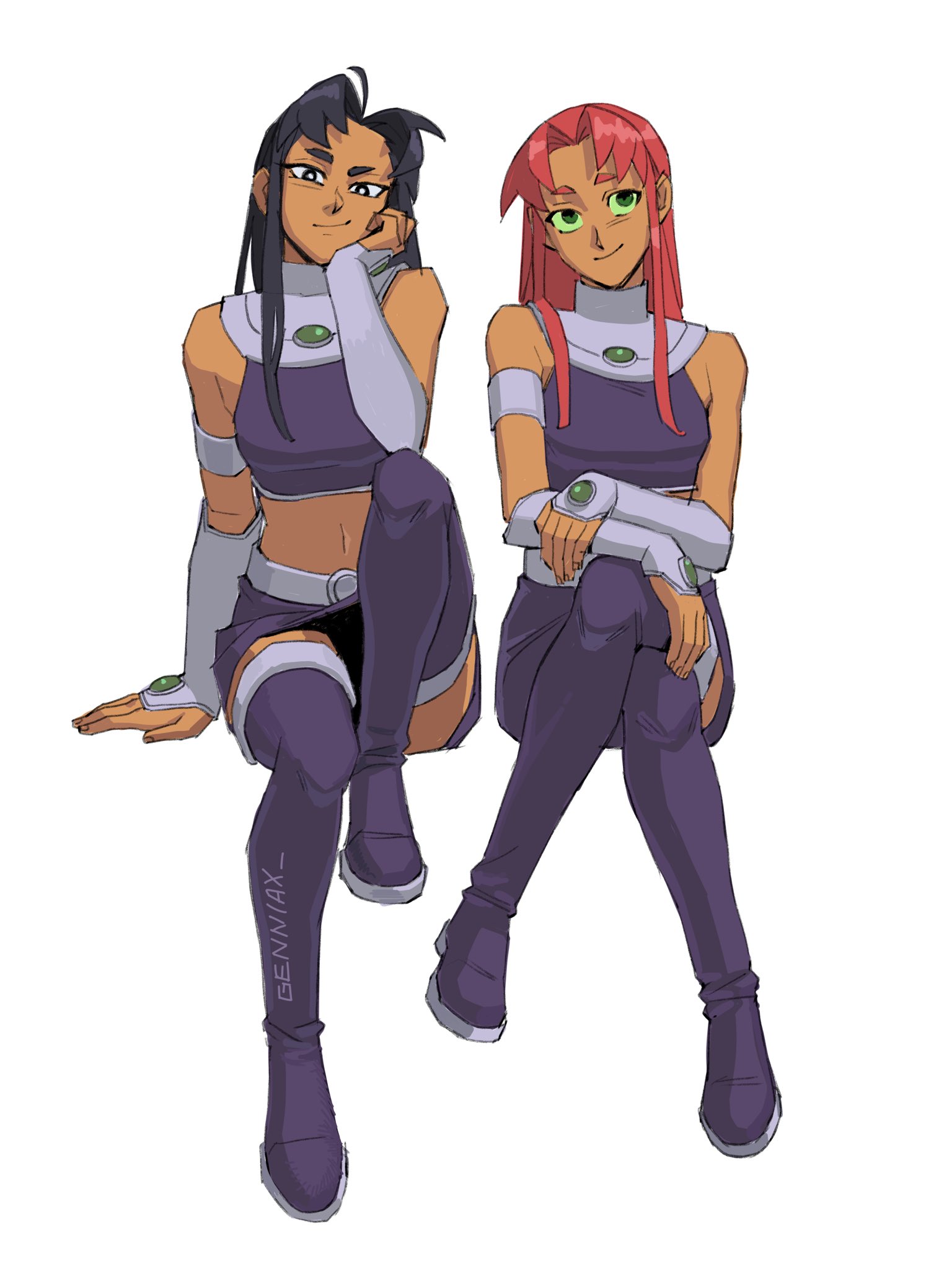 2girls armband artist_name black_hair blackfire boots commentary crossed_legs dc_comics full_body genniax halterneck head_rest highres invisible_chair long_hair looking_at_viewer multiple_girls pink_hair short_eyebrows siblings sisters sitting smile starfire teen_titans thigh_boots