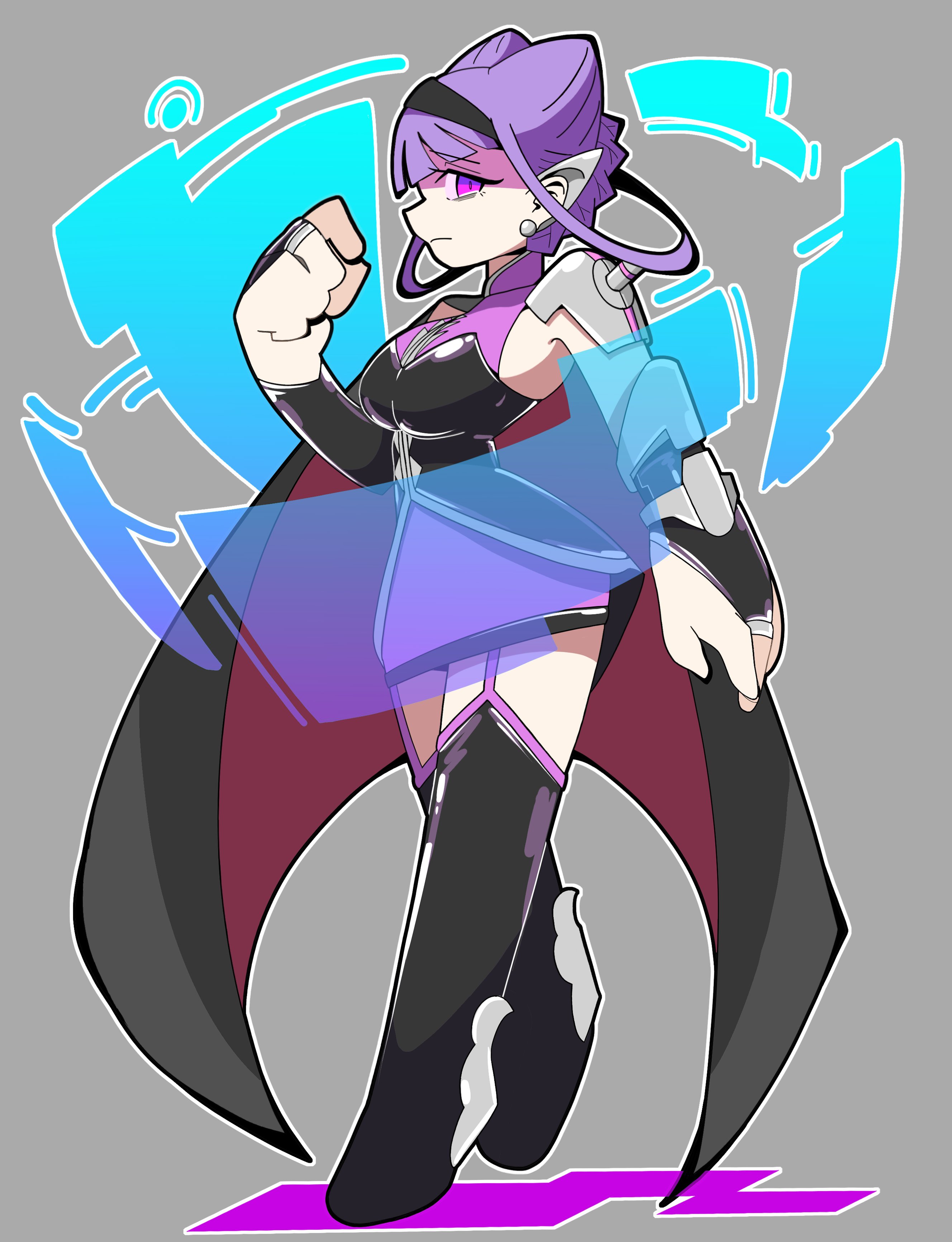 1girl absurdres black_boots black_hairband boots braid closed_mouth double_bun earrings hair_bun hairband high_heel_boots high_heels highres hugtto!_precure jewelry kikukekosasi mechanical_arms medium_hair precure purple_eyes purple_hair ruru_amour shirt sleeveless sleeveless_shirt solo two-tone_cape two-tone_shirt