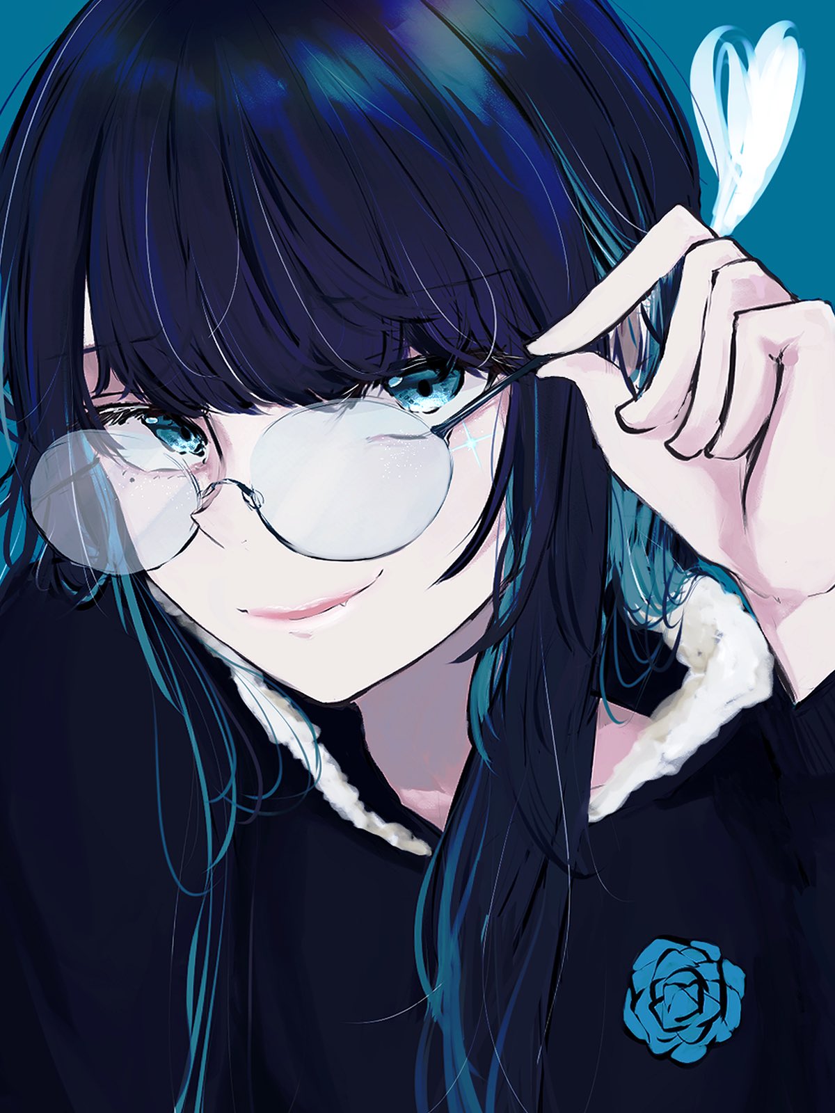 1girl adjusting_eyewear ado_(utaite) black_hair blue_background blue_eyes blue_hair chando_(ado) closed_mouth colored_inner_hair commentary fang glasses heart highres long_hair mole mole_under_eye multicolored_hair sidelocks solo tanake_(tanakei_ado) upper_body utaite