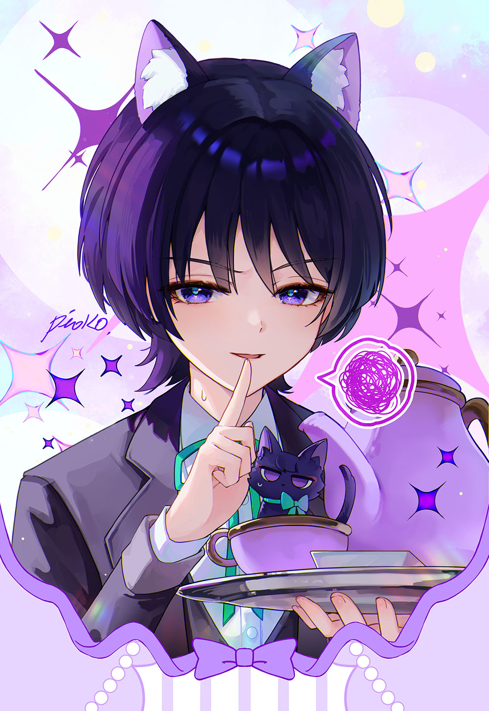 1boy alternate_costume animal_ear_fluff animal_ears animalization aqua_bow aqua_ribbon black_hair black_jacket black_sleeves blue_pupils blunt_ends bow cat_ears collared_shirt commentary contemporary cropped_torso cup dress_shirt eyelashes formal_clothes genshin_impact hair_intakes hand_up highres holding holding_tray in_container in_cup index_finger_raised jacket lapels layered_sleeves long_sleeves looking_at_viewer male_focus multicolored_hair open_mouth person_and_animalization pioko purple_bow purple_cat purple_eyes purple_hair ribbon scaramouche_(cat)_(genshin_impact) scaramouche_(genshin_impact) shirt solo spoken_squiggle squiggle streaked_hair suit_jacket sweatdrop teacup tray tsurime tuxedo white_shirt white_sleeves