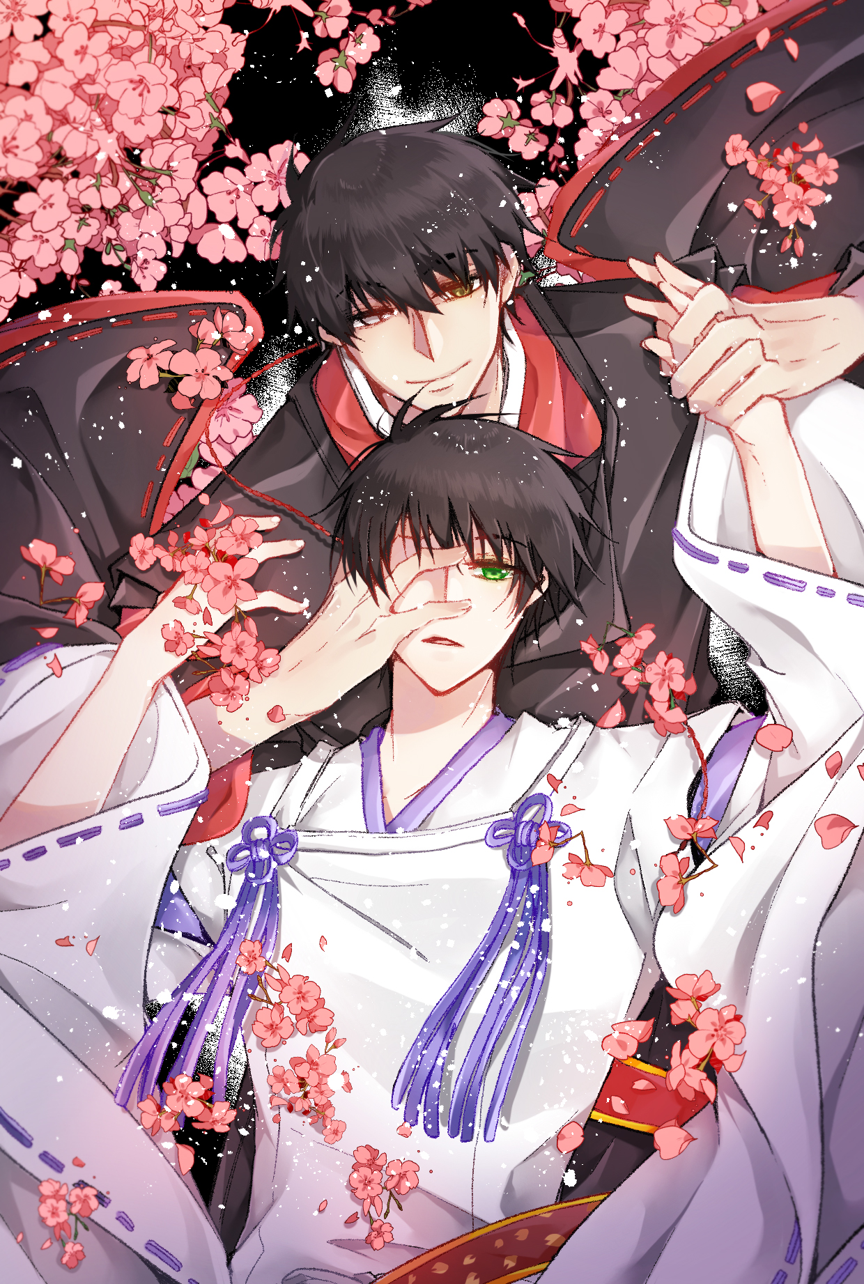 2boys black_hair cherry_blossoms clamp_(style) closed_mouth green_eyes hand_grab holding_hands hand_on_another&#039;s_face hand_over_eye highres japanese_clothes multiple_boys parted_lips sakurazuka_seishirou shari_(shari07) short_hair sumeragi_subaru upper_body wide_sleeves x_(manga) yellow_eyes