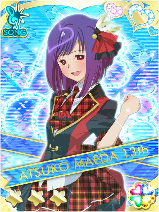 1girl :d akb0048 asymmetrical_hair blue_background card_(medium) character_name clenched_hand collared_shirt copyright_name cow hair_ornament hand_up heart idol_clothes jacket maeda_atsuko_(akb0048) medium_hair necktie non-web_source official_art open_mouth plaid_clothes plaid_necktie plaid_skirt purple_eyes purple_hair red_necktie red_skirt shirt skirt smile solo sparkle standing star_(symbol) three_quarter_view treble_clef white_shirt