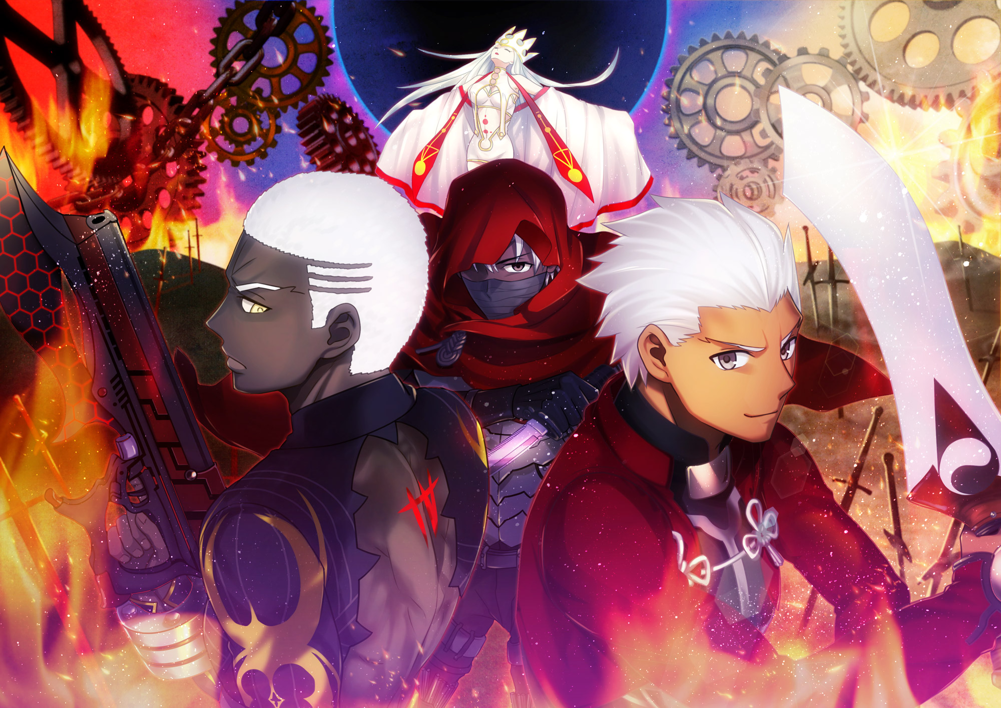 1girl 3boys archer_(fate) armor back_tattoo black_shrug breasts cleavage closed_eyes commentary_request covered_mouth crew_cut dark-skinned_male dark_skin emiya_alter emiya_kiritsugu emiya_kiritsugu_(assassin) fate/grand_order fate/unlimited_codes fate_(series) grey_eyes gun highres hisohiso_(altoblue) holding holding_gun holding_sword holding_weapon irisviel_von_einzbern irisviel_von_einzbern_(caster) medium_breasts midriff miniskirt multiple_boys number_tattoo pixiv_fate/grand_order_contest_1 red_hood shrug_(clothing) skirt smile sword tattoo trigger_discipline very_dark_skin weapon white_hair yellow_eyes