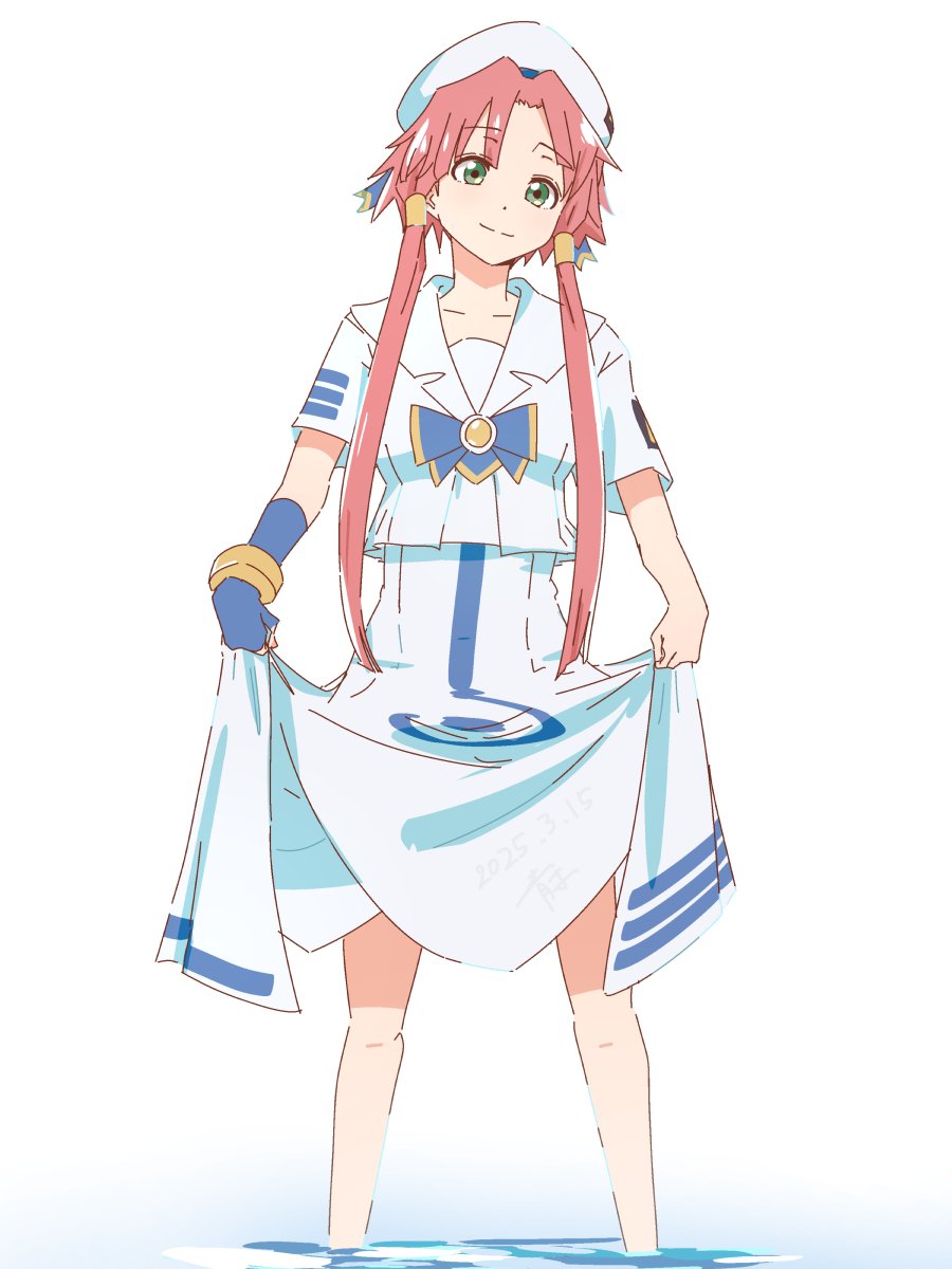 1girl aria_(manga) aria_company_uniform beret blue_bow blue_bowtie blue_gloves blue_ribbon bluearcadegames bow bowtie bracelet closed_mouth clothes_lift dated dress dress_lift feet_out_of_frame gloves gold_bracelet gold_trim green_eyes hair_tubes hat hat_ribbon highres jewelry looking_at_viewer mizunashi_akari parted_bangs pink_hair ribbon sailor_collar short_hair_with_long_locks short_sleeves signature simple_background single_glove smile solo standing wading water white_background white_dress white_hat