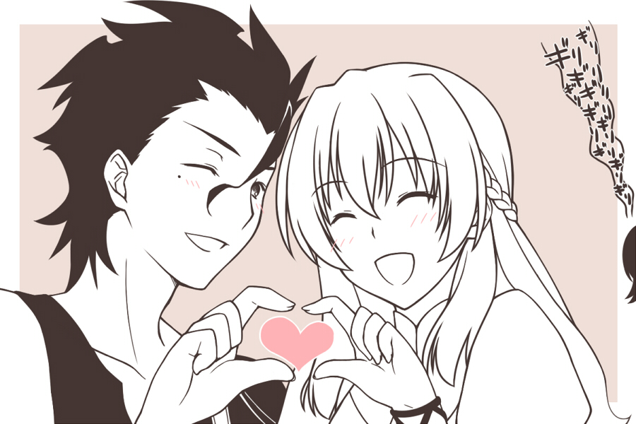 1boy 1girl four-finger_heart_hands ^_^ ahoge blush braid closed_eyes couple diarmuid_ua_duibhne_(fate) diarmuid_ua_duibhne_(lancer)_(fate) dress fate/zero fate_(series) french_braid grainne_(fate) half_updo heart heart_hands heart_hands_duo hetero mayo-black mole mole_under_eye monochrome one_eye_closed sidelocks silhouette sola-ui_nuada-re_sophia-ri wink