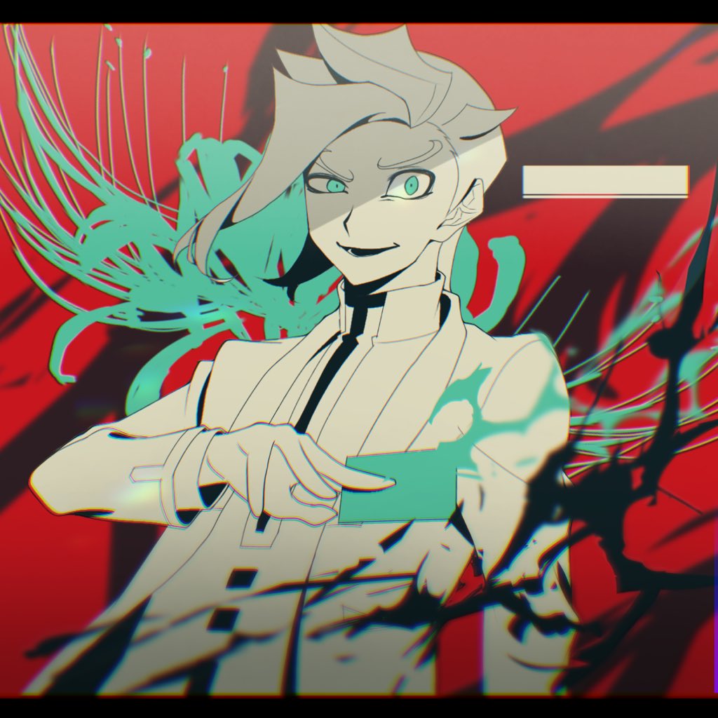 1boy arm_at_side atltax_00 black_border black_trim blonde_hair border card evil_grin evil_smile facing_to_the_side facing_viewer flower green_eyes green_flower grin half-closed_eye holding holding_card jacket looking_to_the_side lotus lotus_leaf lotus_pod male_focus monochrome one_eye_in_shadow open_clothes open_jacket ornate_border paint paint_splatter pants parted_bangs parted_hair partially_colored red_background shirt smile spectre_(yu-gi-oh!) speech_bubble white_jacket white_pants white_shirt yu-gi-oh! yu-gi-oh!_vrains
