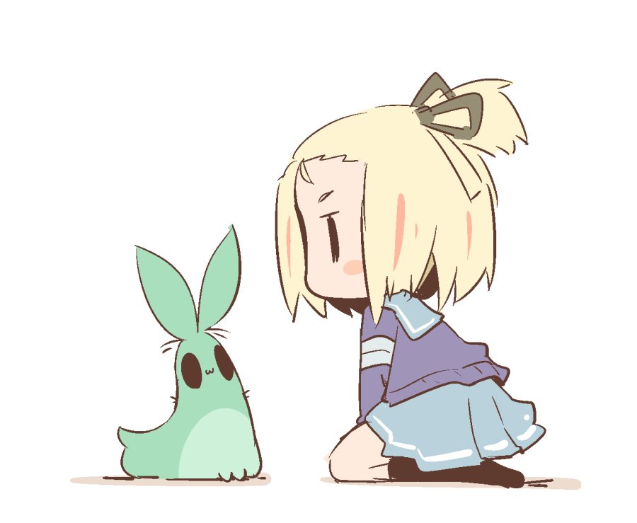1girl bangs_pinned_back black_ribbon black_socks blonde_hair blue_skirt blush_stickers cardigan flip_flappers from_side hair_ribbon hanomido kneehighs multicolored_hair pleated_skirt ribbon school_uniform seiza simple_background sitting skirt socks streaked_hair uexkull white_background yayaka |_|