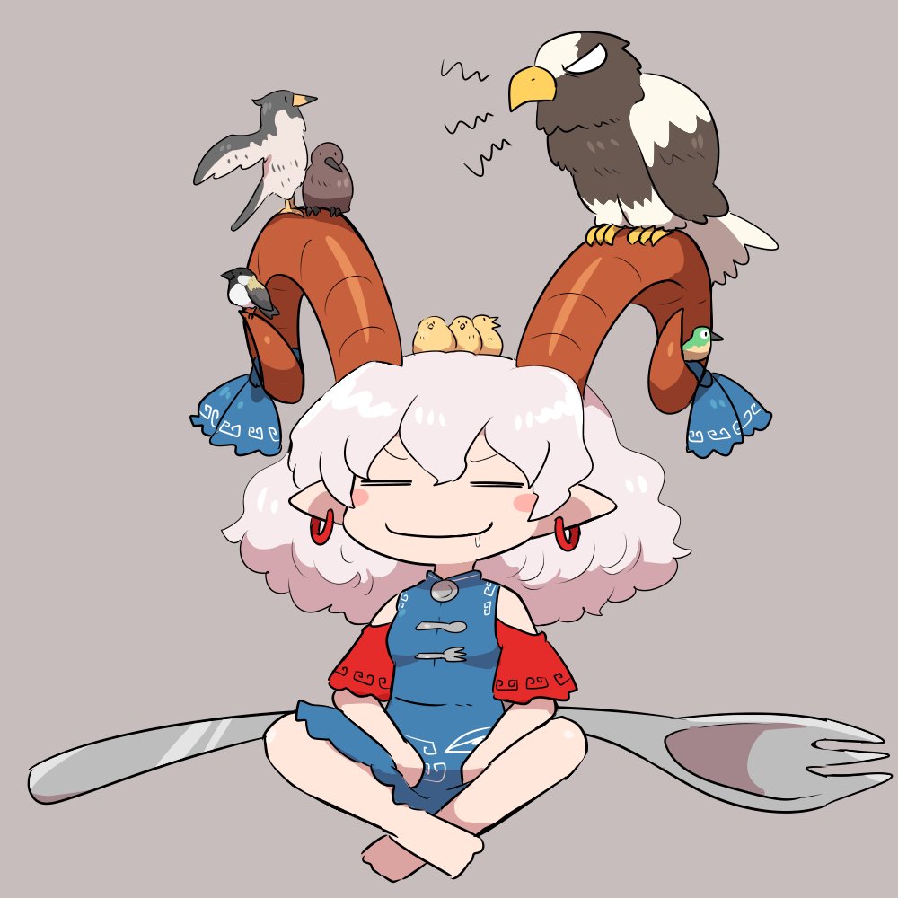 1girl bird blue_dress brown_horns detached_sleeves dress drooling eagle earrings full_body grey_hair horns jewelry kasugai_(de-tteiu) meandros medium_hair oversized_object patterned_clothing pointy_ears red_sleeves saliva simple_background spork touhou toutetsu_yuuma