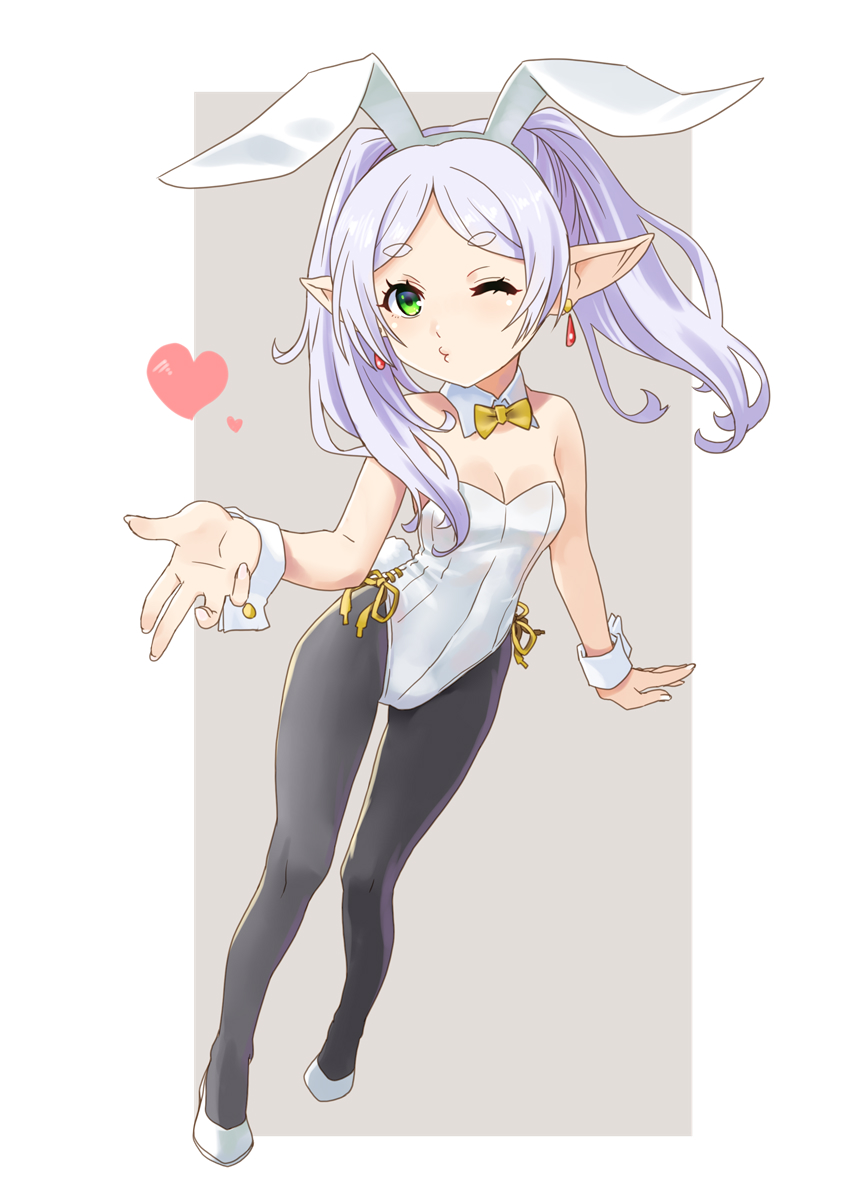1girl alternate_costume animal_ears black_pantyhose blowing_kiss border bow bowtie breasts commentary_request detached_collar earrings frieren full_body green_eyes grey_background high_heels highres jewelry katahira_masashi leotard long_hair one_eye_closed pantyhose playboy_bunny pointy_ears rabbit_ears rabbit_tail small_breasts solo sousou_no_frieren strapless strapless_leotard tail twintails two-tone_swimsuit white_border white_footwear white_hair white_leotard wrist_cuffs yellow_bow yellow_bowtie