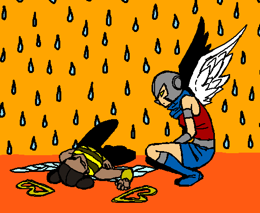 2girls angel_(dc) angel_wings bee_costume black_hair black_pants blue_footwear blue_skirt boots bumble_bee cartoon_network dark-skinned_female dark_skin dc_comics double_bun feathered_wings hair_bun helmet insect_wings karen_beecher lying multiple_girls okayu on_back pants rain red_shirt scarf shirt shoes sketch skirt sleeveless solid_eyes striped_clothes striped_shirt teen_titans vambraces weapon wings yellow_eyes