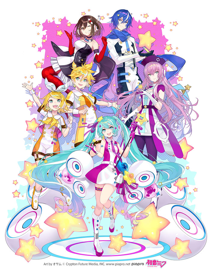2boys 4girls absurdly_long_hair ankle_boots aqua_eyes aqua_hair belt black_gloves blonde_hair blue_bow blue_eyes blue_hair blue_necktie blue_ribbon blue_scarf boots bow brown_eyes brown_hair clenched_hand closed_mouth collared_dress dress elbow_gloves floating floating_hair full_body gloves gradient_eyes gradient_hair hair_between_eyes hair_ornament hatsune_miku headset heart high-low_skirt holding holding_wand kagamine_len kagamine_rin kaito_(vocaloid) knee_boots knees_together_feet_apart long_hair looking_at_viewer magical_mirai_(vocaloid) magical_mirai_kaito magical_mirai_kaito_(2022) magical_mirai_len magical_mirai_len_(2022) magical_mirai_luka magical_mirai_luka_(2022) magical_mirai_meiko magical_mirai_meiko_(2022) magical_mirai_miku magical_mirai_miku_(2022) magical_mirai_rin magical_mirai_rin_(2022) megurine_luka meiko_(vocaloid) microphone microphone_wand multicolored_eyes multicolored_hair multiple_boys multiple_girls neckerchief necktie official_art one_eye_closed open_mouth orange_necktie osamu_(jagabata) outstretched_arm pants pantyhose pink_boots pink_bow pink_dress pink_eyes pink_gloves pink_hair pink_necktie pink_ribbon ponytail purple_dress purple_gloves purple_headwear purple_pantyhose radio_antenna red_gloves red_pantyhose ribbon rocket_ship scarf second-party_source short_ponytail sleeveless sleeveless_dress smile spacecraft standing standing_on_one_leg star_(symbol) star_hair_ornament streaked_hair thigh_strap twintails two-tone_bow two-tone_gloves two-tone_necktie two-tone_ribbon very_long_hair vocaloid wand waving white_dress white_footwear white_gloves white_hair wrist_cuffs yellow_neckerchief