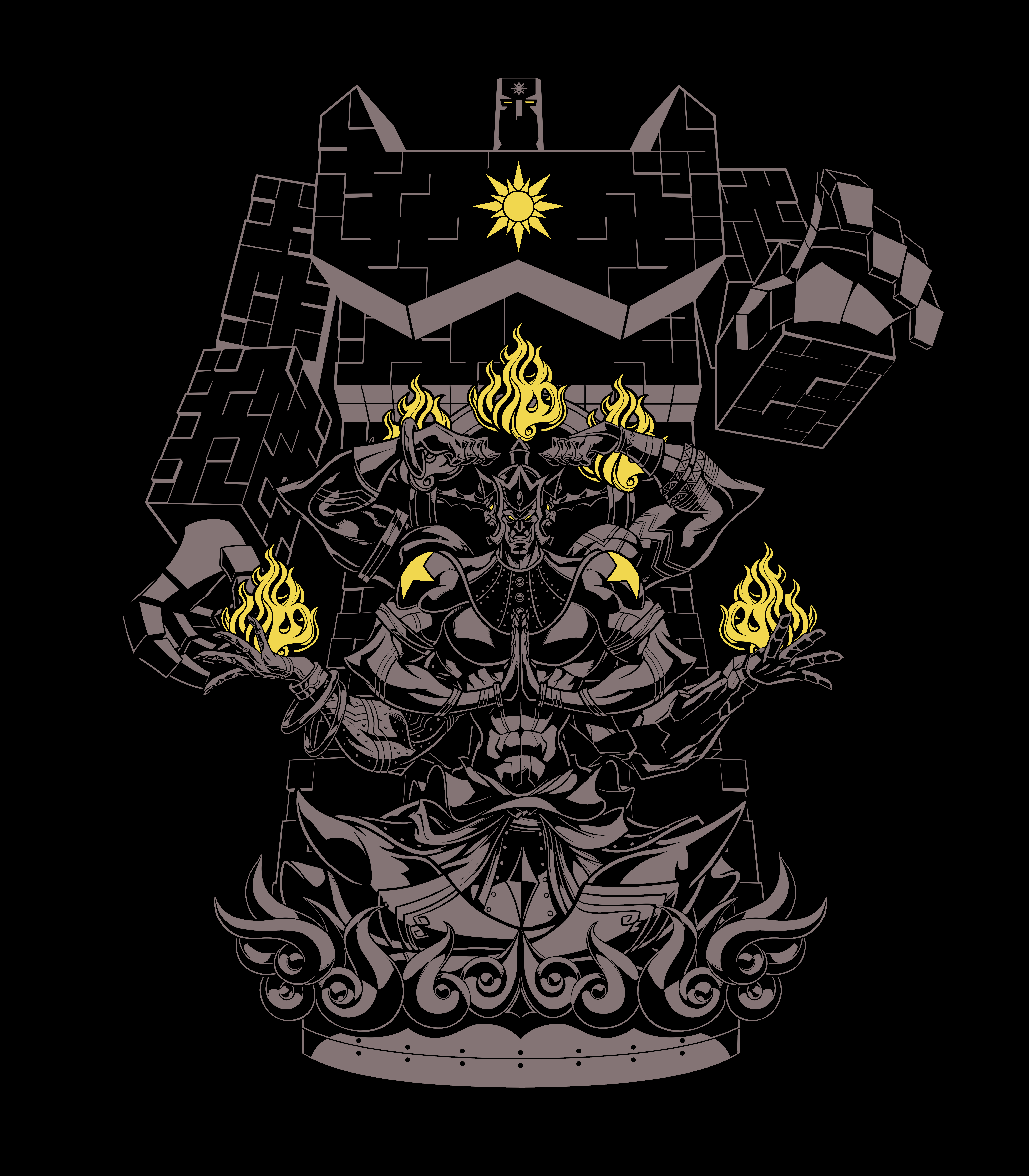 2boys abs absurdres armlet armor artist_request ashuraman biceps black_background evil_eyes extra_arms groin helmet highres jewelry kinnikuman large_pectorals manly monster_boy multiple_boys multiple_faces muscular no_humans pectorals serious shaded_face size_difference standing sunshine_(kinnikuman)