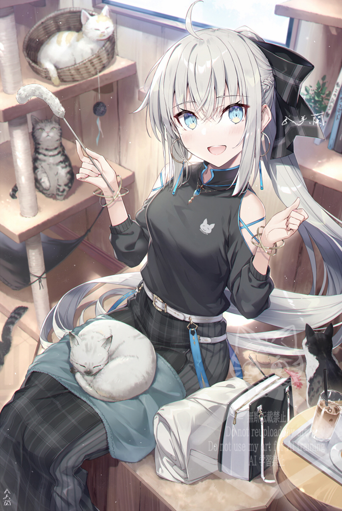 1girl ahoge animal animal_on_lap bag belt black_bow black_shirt black_skirt blue_eyes book bow bracelet braid breasts cat cat_on_lap clothing_cutout cup drinking_glass drinking_straw fate/grand_order fate_(series) gabiran grey_hair hair_bow holding jewelry long_hair morgan_le_fay_(fate) on_lap open_mouth plaid_clothes plaid_skirt shirt shoulder_cutout skirt watermark white_belt window