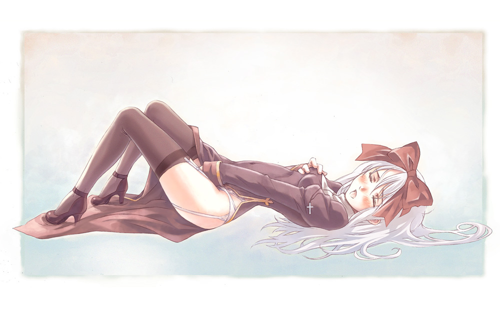 1girl arched_back blush female_focus female_masturbation garter_belt legs legs_up lingerie long_legs lying masturbation nyaou priest priest_(ragnarok_online) priestess ragnarok_online ribbon solo thighhighs underwear