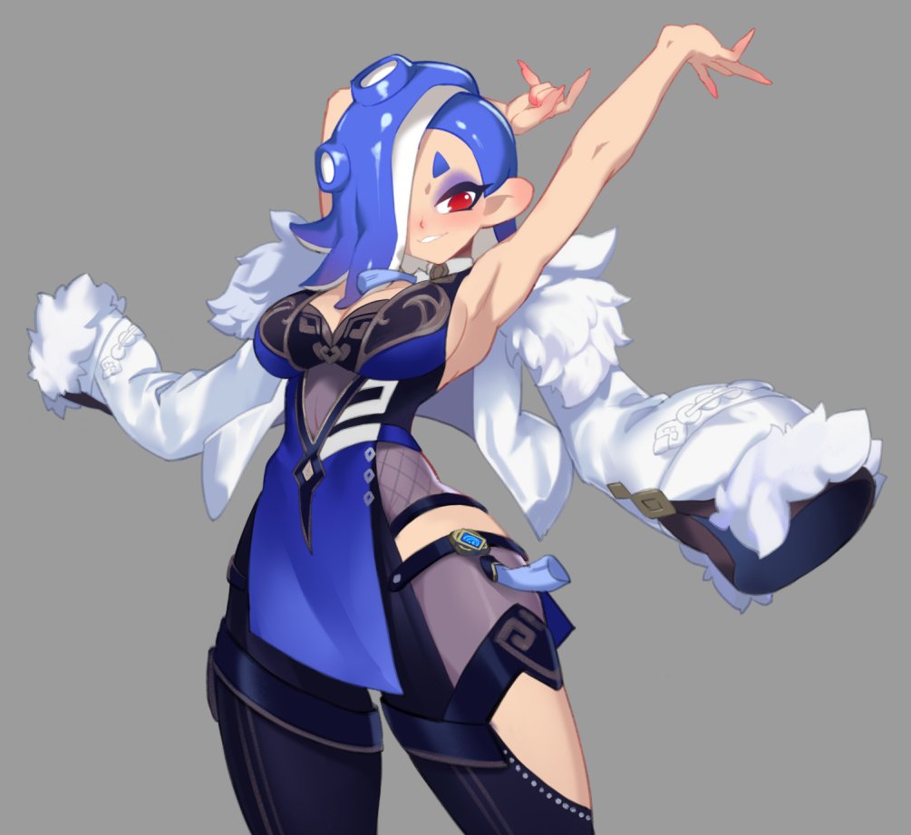 1girl alternate_costume breasts cosplay little_blood medium_breasts nintendo shiver_(splatoon) solo splatoon_(series) splatoon_3 tentacle_hair yelan_(genshin_impact) yelan_(genshin_impact)_(cosplay)