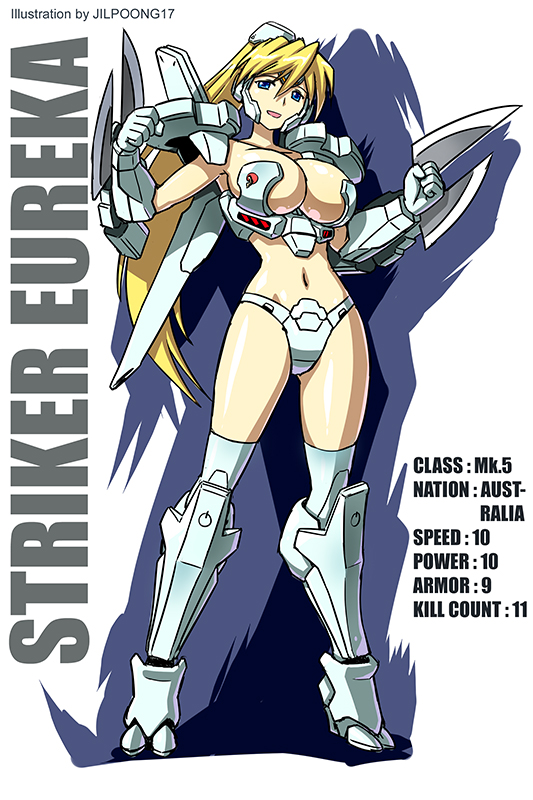 1girl 4.211_brass_knuckles arm_blade assault_mount_3.25_sting-blades blonde_hair bra brass_knuckles breasts female_focus headgear jaeger_(pacific_rim) jilpoong17 large_breasts legendary_pictures long_hair mecha_musume pacific_rim pan_pacific_defense_corps personification ponytail revealing_clothes shelf_bra sideboob solo strapless strapless_bra striker_eureka thighhighs thrusters underboob underwear weapon white_thighhighs wrist_blades