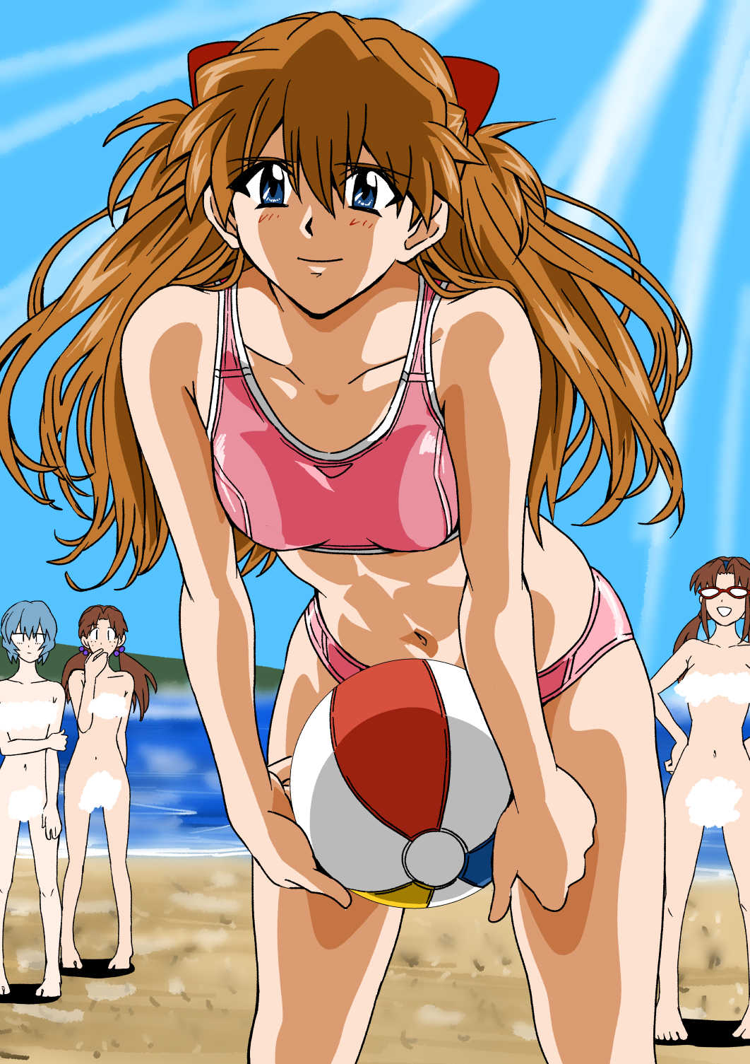 4girls ayanami_rei ball beach bikini blue_eyes blue_hair blush breasts brown_hair censored completely_nude curvy day feet_out_of_frame hair_between_eyes hands_on_own_hips happy highres holding holding_ball horaki_hikari long_hair looking_at_another looking_at_viewer low_twintails makinami_mari_illustrious medium_breasts multiple_girls neon_genesis_evangelion nipples nude outdoors pink_bikini smile solo souryuu_asuka_langley sports_bikini swimsuit twintails two_side_up white_background wide_hips yuutaku