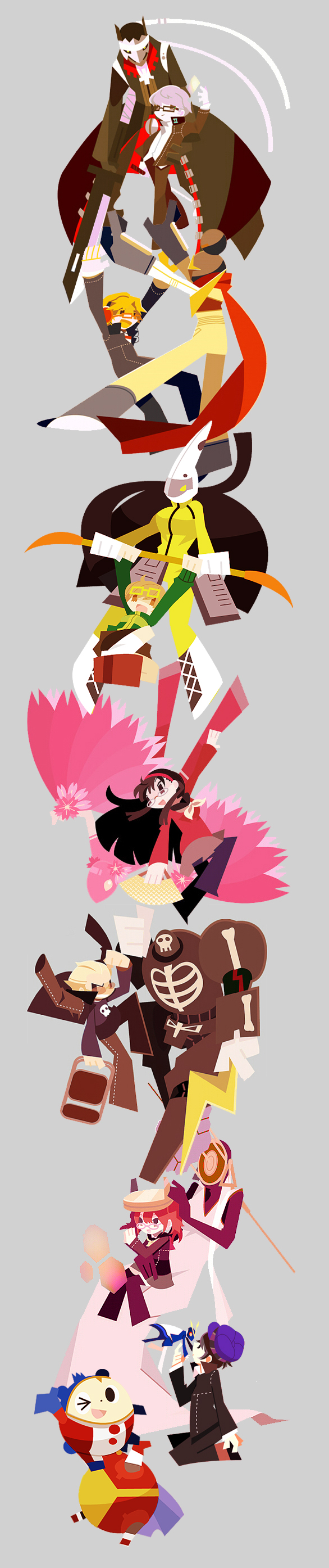 3boys 4girls ;d absurdres amagi_yukiko androgynous atlus bad_id bad_pixiv_id chibi everyone glasses hanamura_yousuke highres himiko_(persona_4) izanagi_(persona_4) jiraiya_(persona_4) kida_yuu kintoki-douji konohana_sakuya_(persona) kujikawa_rise kuma_(persona_4) long_image multiple_boys multiple_girls narukami_yu no_lineart one_eye_closed open_mouth pantyhose persona persona_4 reverse_trap satonaka_chie shirogane_naoto simple_background smile sukuna_hikona take-mikazuchi tall_image tatsumi_kanji tomoe_(persona_4) trust_me_(durarara!!) wink
