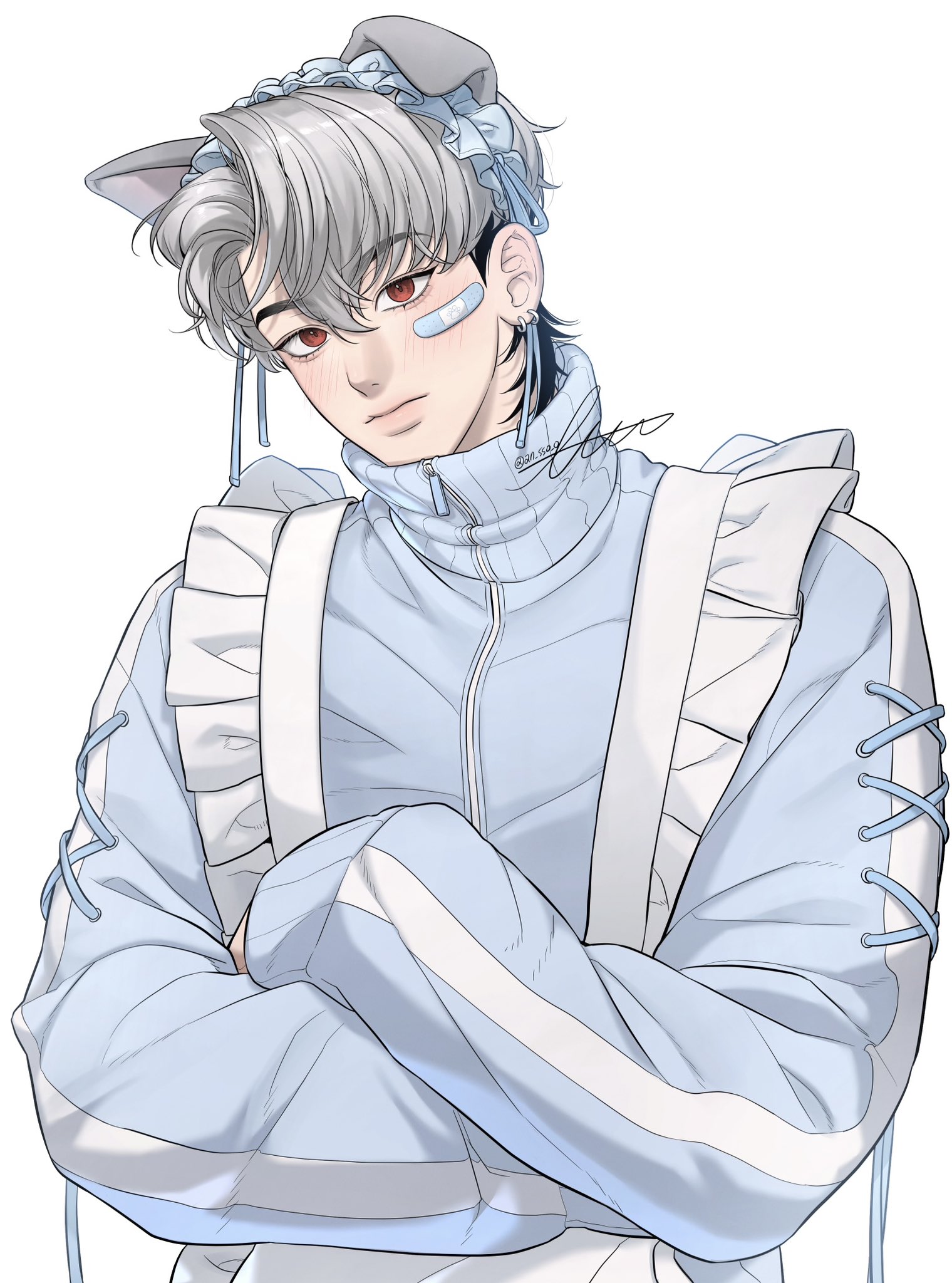 1boy an_sso_o animal_ears apron bandaid bandaid_on_face blue_jacket closed_mouth crossed_arms eunho_(plave) frilled_apron frills grey_hair high_collar highres jacket k-pop korean_commentary long_sleeves looking_at_viewer male_focus plave red_eyes simple_background solo tenshi_kaiwai upper_body white_background